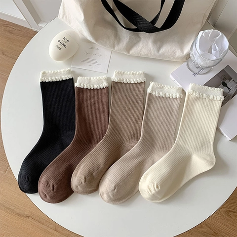 Damen Baumwoll Socken Mit Weißem Rüschenbesatz Rippstrick Japanischer Stil Süße Kawaii Atmungsaktive Mode Crew Socken