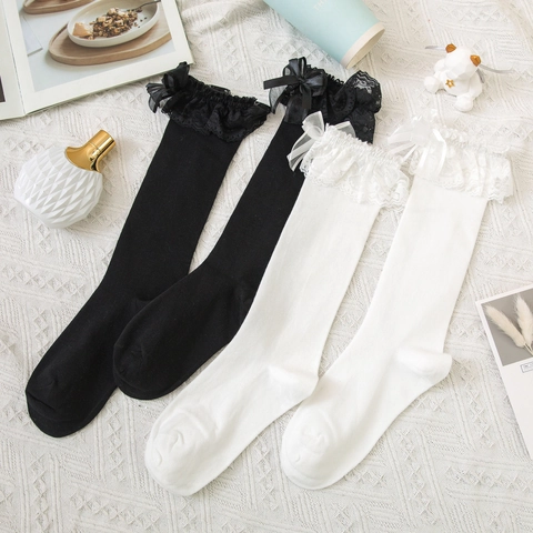 Calcetines Altos Estilo JK Lolita Para Mujer Con Lazo De Encaje Calcetines Dulces Japoneses Negro Blanco De Algodón