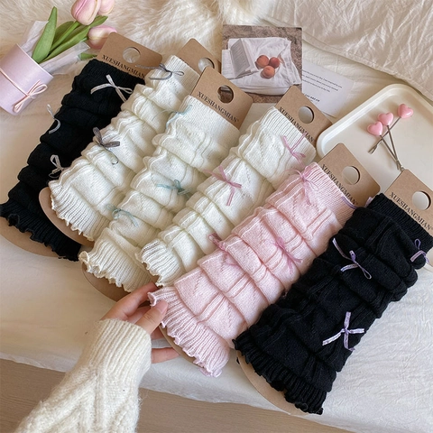Women Knit Leg Warmers Acrylic Sweet Ribbon Bow Ruffle Trim Balletcore Lolita Style Solid Color Cozy Socks