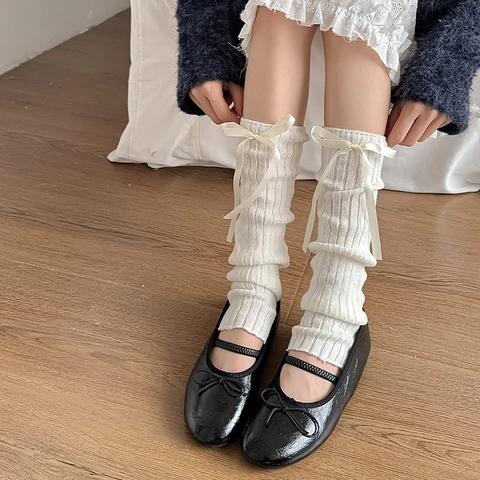 Jambières En Tricot Chaussettes Plissées À Côtes Avec Nœud En Ruban Style JK Japonais Doux Balletcore Pour Femmes Filles Automne Hiver