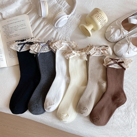 Japanese Style Cotton Crew Socks For Women Vintage Lace Edge Satin Bow Sweet Lolita JK Slouch Socks Retro Fashion Knitted Socks