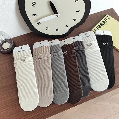 Chaussettes Mi-Mollet Femmes Tricot Côtelé Mélange Coton Broderie Nœud Style Japonais Doux Respirant