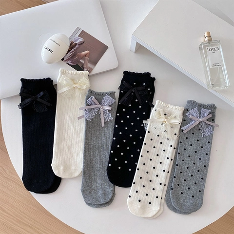 Mid Calf Socks For Women Cotton Blend With Lace Trim And Bow Detail Polka Dot Ribbed Pattern Ballet Style Sweet