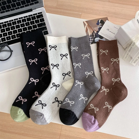 Calcetines De Media Pantorrilla Mezcla De Algodón Para Mujer Patrón De Lazo Dulce Bloque De Color Punto Estilo Preppy