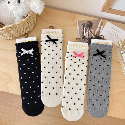 Chaussettes Mi-Mollet À Pois En Coton Nœud Papillon Bord À Volants Style Japonais Doux Rétro Pour Femmes