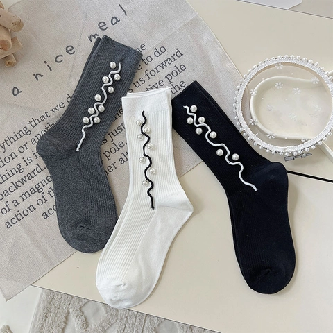 Calze Al Polpaccio Con Künstliche Perle Da Donna Misto Cotone Maglia A Coste Linea Ondulata Elegante Retro Stile Francese