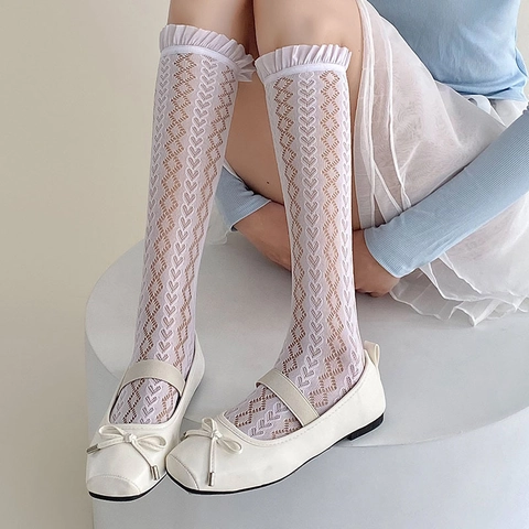 Calze Lolita Pizzo Donna Traforate Rete Traspirante Alte Al Ginocchio Bordo Con Volant Stile Dolce Giapponese Nylon