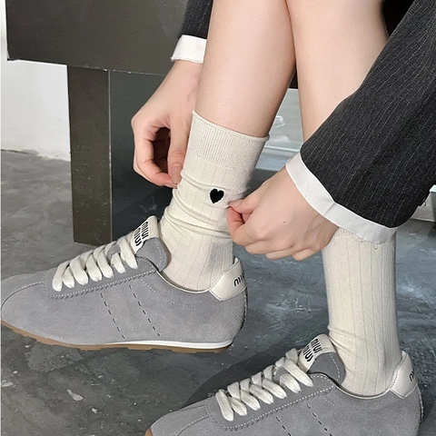 Women Mid Calf Socks Cotton Ribbed Knit Heart Embroidery Korean Preppy Style Casual Breathable Solid Color
