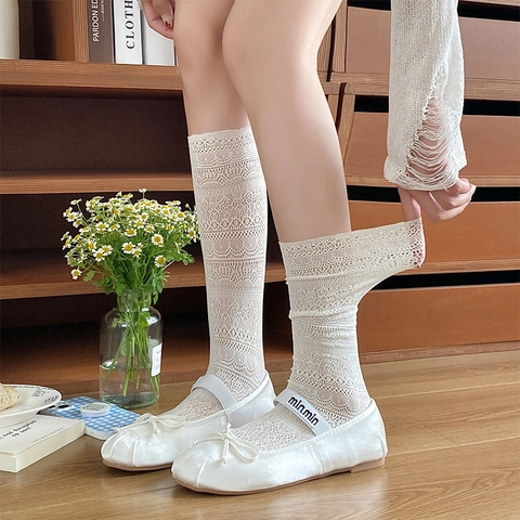 Women Lace Slouch Calf Socks Hollow Out Mesh Breathable Balletcore Style Vintage Sweet Nylon Leg Warmers For Girls