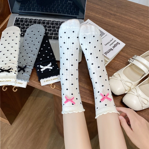 Chaussettes Mi-Mollet À Pois En Coton Nœud Papillon Bord À Volants Style Japonais Doux Rétro Pour Femmes