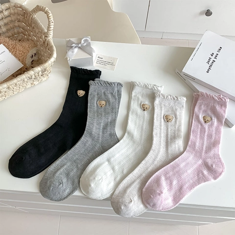 Damen Mittellange Socken Baumwollmischung Atmungsaktives Mesh Cartoon Bär Stickerei Wellenkante Süßer Japanischer Stil