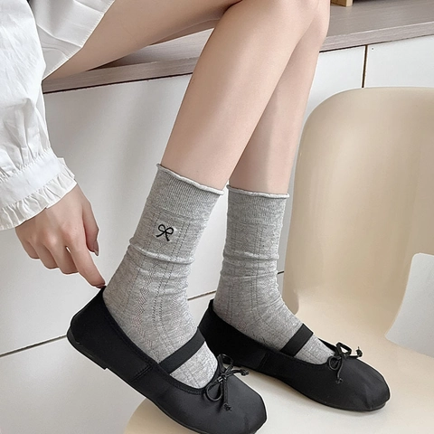 Chaussettes Mi-mollet Femmes Mélange Coton Respirant Maille Argyle Broderie Noeud Bordure Volantée Style Ballet Doux