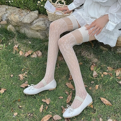 Lolita Overknee Strümpfe Mesh Spitze Durchbrochene Oberschenkelhohe Strümpfe Atmungsaktiv Elastisch Streetwear Damen