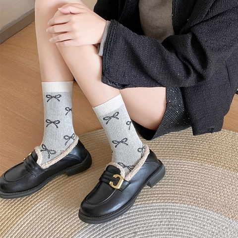Calcetines De Media Pantorrilla Mezcla De Algodón Para Mujer Patrón De Lazo Dulce Bloque De Color Punto Estilo Preppy