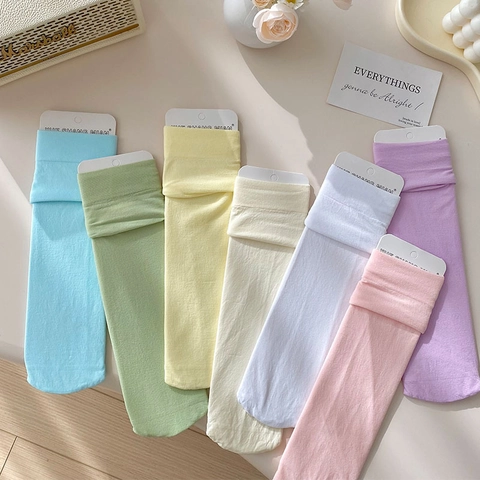 Mid Calf Slouch Socken Damen Dünn Nylon Atmungsaktiv Einfarbig Candy Color Japanischer JK Stil Süß Kawaii
