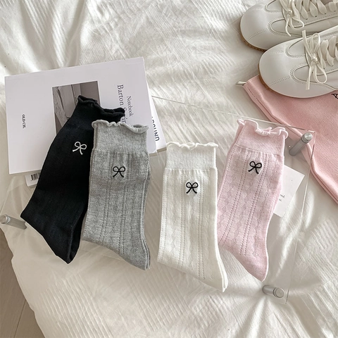 Chaussettes Mi-mollet Femmes Mélange Coton Respirant Maille Argyle Broderie Noeud Bordure Volantée Style Ballet Doux
