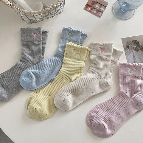 Bowknot Embroidery Mid Calf Socks Cotton Blend Lettuce Edge Ruffle Cuff Speckled Confetti Yarn Sweet Mori Style Women