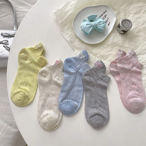 Chaussettes Courtes Femmes Mélange Coton Fil Neps Broderie Nœud Respirant Fin Style Japonais Doux