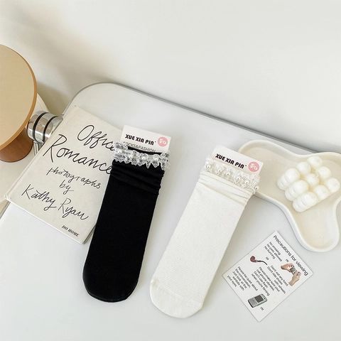 Women Mid Calf Socks Lace Trim Artificial Pearl Decoration Sweet Lolita Style Japanese Breathable Cotton Blend Mesh Solid Color