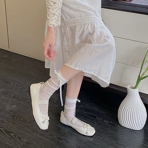 Chaussettes Mi-Mollet En Coton Côtelé Pour Femmes Avec Nœud En Ruban De Satin Style Japonais JK