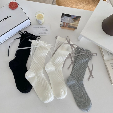 Chaussettes Mi-Mollet En Coton Côtelé Pour Femmes Avec Nœud En Ruban De Satin Style Japonais JK