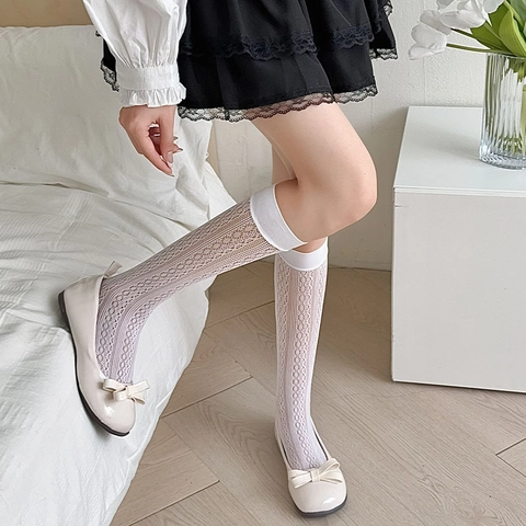 Women Calf Socks Japanese JK Style Hollow Mesh Lace Thin Breathable Lolita Retro Solid Color Nylon
