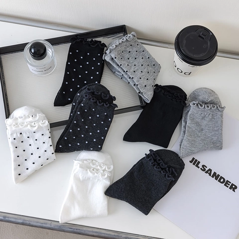 Women Crew Socks Cotton Blend Ruffle Frill Cuff Polka Dot Solid Color Japanese JK Style Sweet Breathable Casual Soft