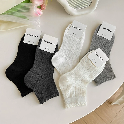 Women Combed Cotton Lace Mesh Ankle Socks Lettuce Edge Scalloped Trim Hollow Out Breathable Sweet Korean Style