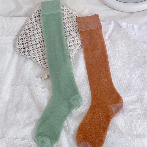 Women Sparkly Lurex Calf Socks Thin Solid Color Shimmering Slouch Socks Japanese Style Sweet JK Socks