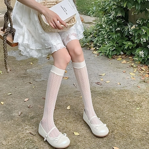 Women Calf Socks Japanese JK Style Hollow Mesh Lace Thin Breathable Lolita Retro Solid Color Nylon