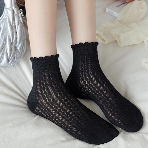 Women Combed Cotton Lace Mesh Ankle Socks Lettuce Edge Scalloped Trim Hollow Out Breathable Sweet Korean Style