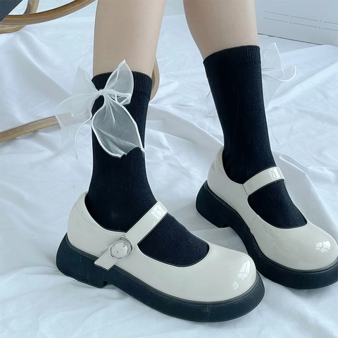 Damen Crew Socken Baumwolle Atmungsaktiv Mesh Organza Schleife Süß Lolita JK Stil Japanische Harajuku Mode