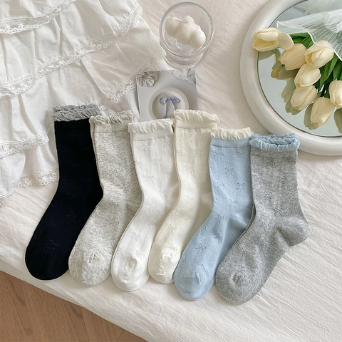 Women Mid Calf Socks Cotton Blend Ruffle Cuff Bow Jacquard Breathable Sweet Japanese Style Hosiery
