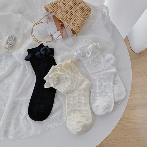 Damen Wadenlange Socken Baumwollmischung Rüschenrand Satin Schleife Süßer Lolita Stil Rautenmuster Weich Atmungsaktiv