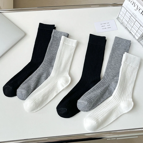Women Cotton Blend Mid Calf Socks Ribbed Breathable Japanese Style Simple Solid Color Casual Comfortable