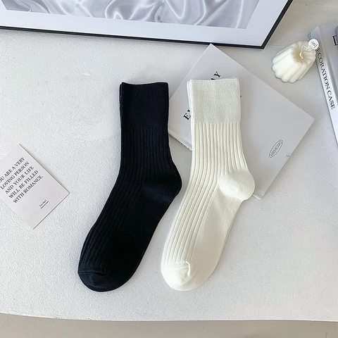 Calcetines De Media Pantorrilla Para Mujer De Mezcla De Algodón Acanalado Estilo Coreano Minimalista Color Sólido