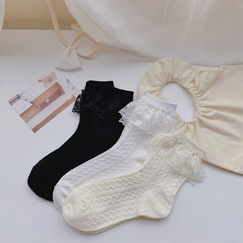 Chaussettes Mi-Mollet Pour Femmes Avec Bordure En Dentelle Motif Tricot Ondulé Style Lolita Doux Japonais Rétro Respirant