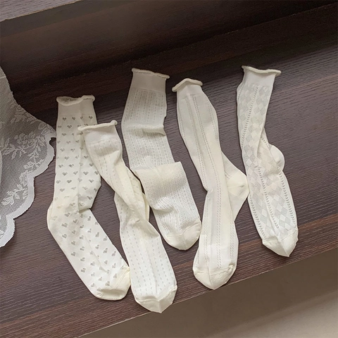 Women Mesh Socks Heart Hollow Out Mid-Calf Crew Socks Breathable Cotton Blend Ruffle Edge Sweet Lolita Style