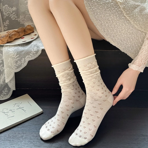 Women Mesh Socks Heart Hollow Out Mid-Calf Crew Socks Breathable Cotton Blend Ruffle Edge Sweet Lolita Style