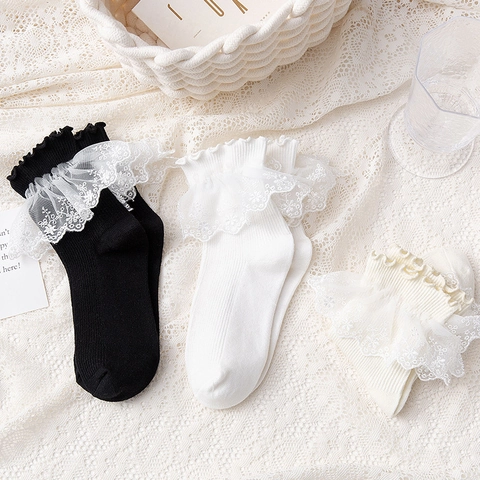 Chaussettes Lolita Femmes Dentelle Coton Côtelé Broderie Mi-Mollet Style Doux JK Japonais Élégant