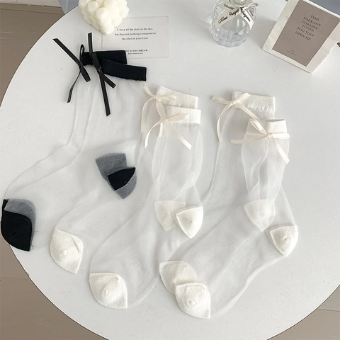 Women Sweet Sheer Mesh Crew Socks With Bow Tie Ultra Thin Transparent Summer Hosiery Solid Color Versatile