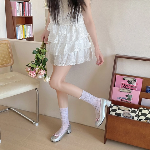 Calze Al Polpaccio Dolci Con Volant Per Donna Nylon Traspirante Motivo Floreale Traforato Stile JK Giapponese Lolita