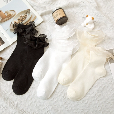 Lolita Crew Socks With Double Layer Organza Ruffle Lace Trim Sweet Japanese Style JK Uniform Cotton Socks For Women