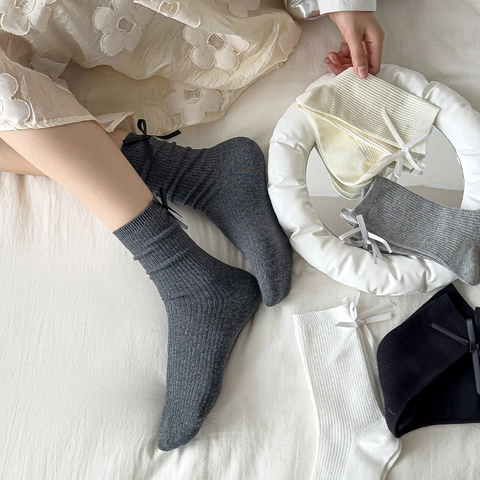 Women Knitted Cotton Crew Socks With Bow Ribbon Sweet Japanese Style Ribbed Solid Color Soft Breathable