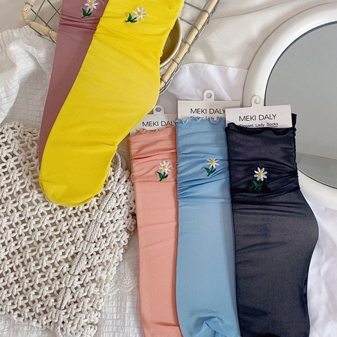 Damen Crew Socken Transparentes Mesh Gänseblümchen Stickerei Rüschensaum Atmungsaktiv Süßer Koreanischer Stil Nylon