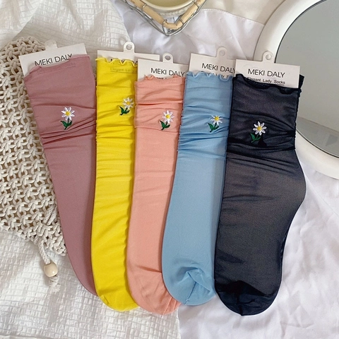 Damen Crew Socken Transparentes Mesh Gänseblümchen Stickerei Rüschensaum Atmungsaktiv Süßer Koreanischer Stil Nylon