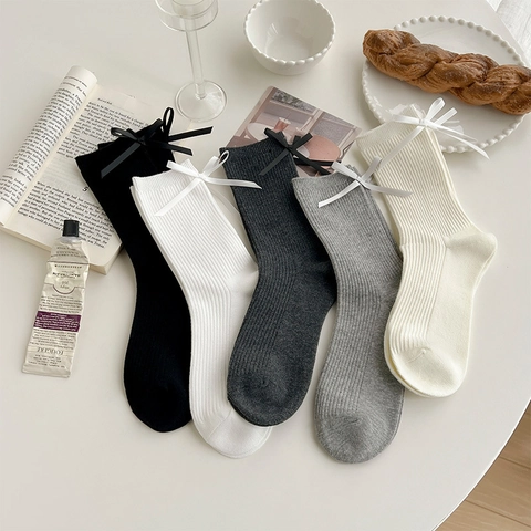 Women Knitted Cotton Crew Socks With Bow Ribbon Sweet Japanese Style Ribbed Solid Color Soft Breathable