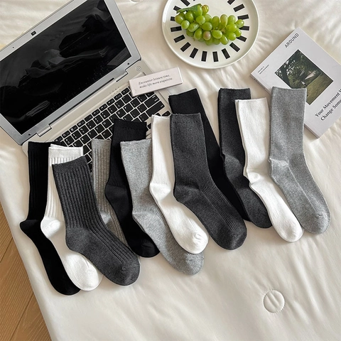 Damen Crew Socken Baumwollmischung Rippstrick Einfarbig Japanischer Akademie Stil Weich Elastisch Mittelhoch Freizeit