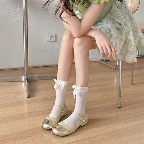 Chaussettes Hautes Lolita Pour Femmes Avec Grand Nœud En Satin Style Princesse Doux Nylon Couleur Unie Velours