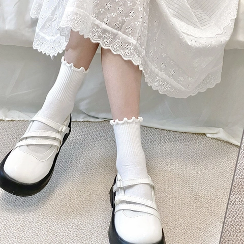 Damen Crew Socken Baumwollmischung Wellenkante Rippstrick Süßer Japanischer Stil JK Preppy Rüschen Socken